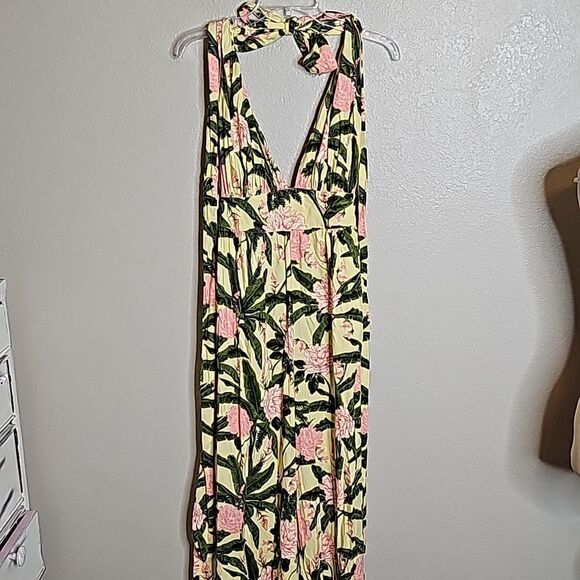 Agua Bendita x Target XL Floral Palm Jumpsuit Wide leg Halter top yellow green - Picture 2 of 10